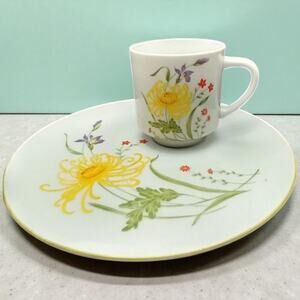 VTG Japan Snack Plate & Cup Set of 4 Yellow Chrysanthemum Floral MCM